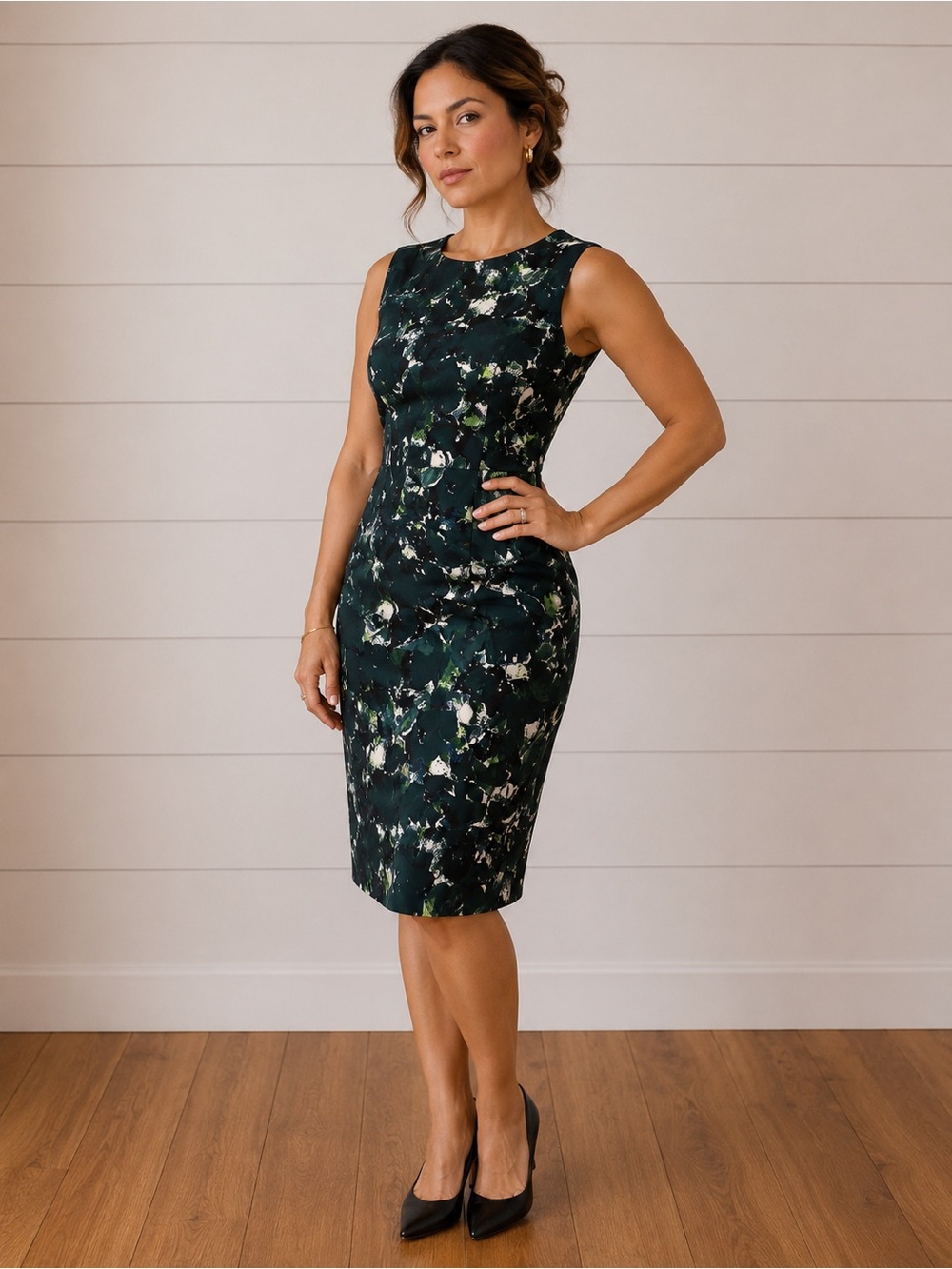 Maggy London Sleeveless Dark Green Floral Sheath Dress